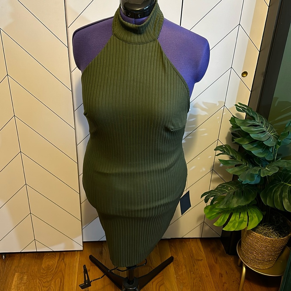 Lulus New Women’s XL Green Bodycon Ribbed Sleeveless High Neck Mini Dress